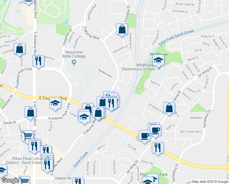 map of restaurants, bars, coffee shops, grocery stores, and more near 1356 Firefly Circle in Colorado Springs