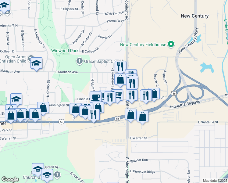 map of restaurants, bars, coffee shops, grocery stores, and more near 750 East Lincoln Lane in Gardner
