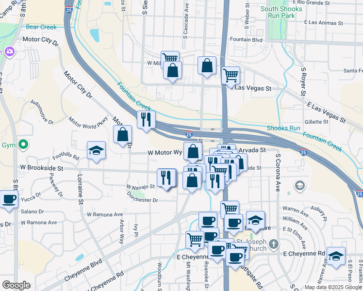 map of restaurants, bars, coffee shops, grocery stores, and more near 44-56 East Motor Way in Colorado Springs