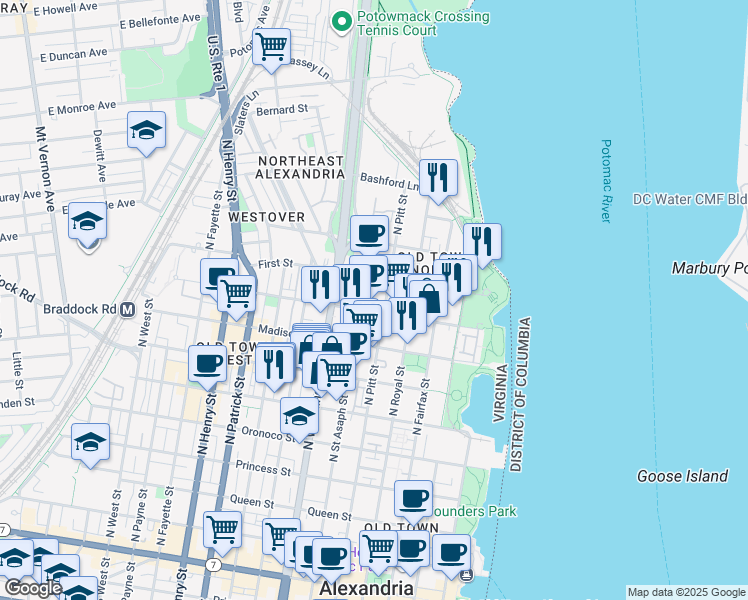 map of restaurants, bars, coffee shops, grocery stores, and more near 525 Montgomery Street in Alexandria