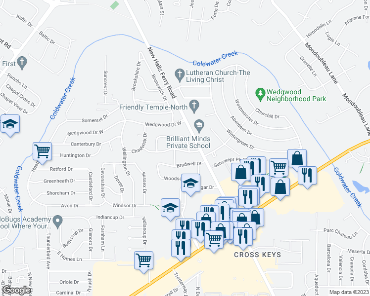 map of restaurants, bars, coffee shops, grocery stores, and more near 2625 Dresden Drive in Florissant