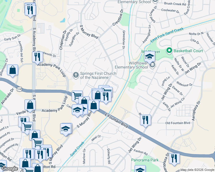 map of restaurants, bars, coffee shops, grocery stores, and more near 1364 Firefly Circle in Colorado Springs
