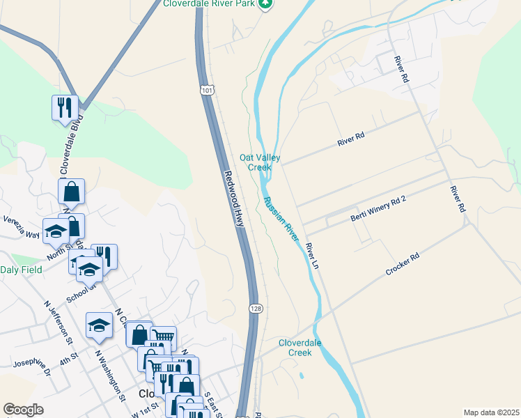 map of restaurants, bars, coffee shops, grocery stores, and more near in Cloverdale