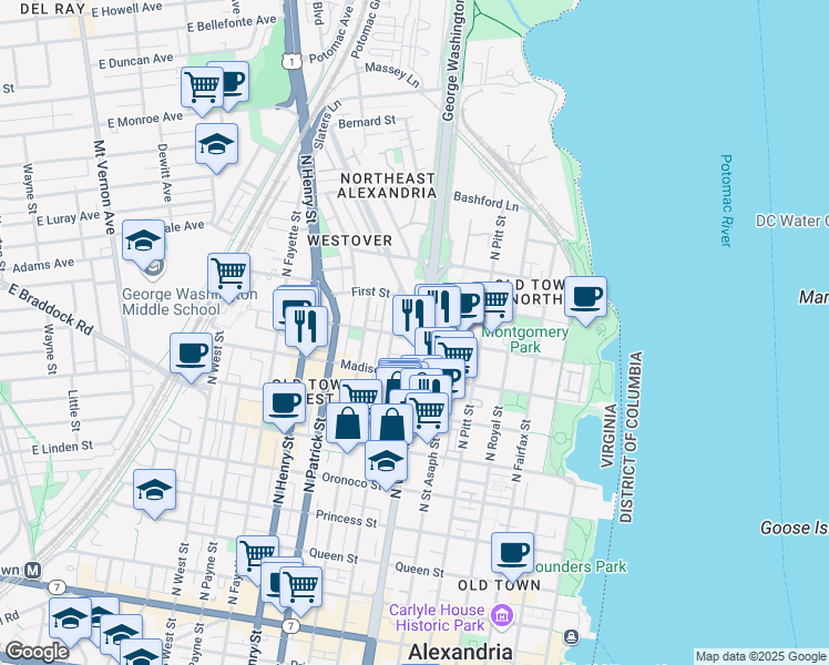 map of restaurants, bars, coffee shops, grocery stores, and more near 910 Powhatan Street in Alexandria