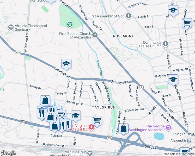 map of restaurants, bars, coffee shops, grocery stores, and more near 703 Janneys Lane in Alexandria