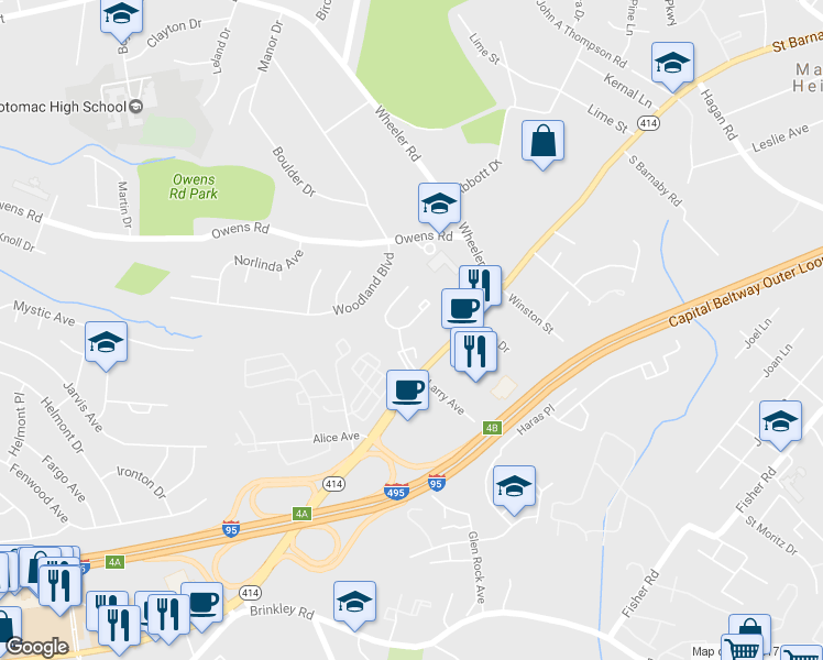 map of restaurants, bars, coffee shops, grocery stores, and more near 2407 East Rosecroft Village Circle in Oxon Hill