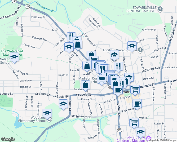 map of restaurants, bars, coffee shops, grocery stores, and more near 207 West High Street in Edwardsville