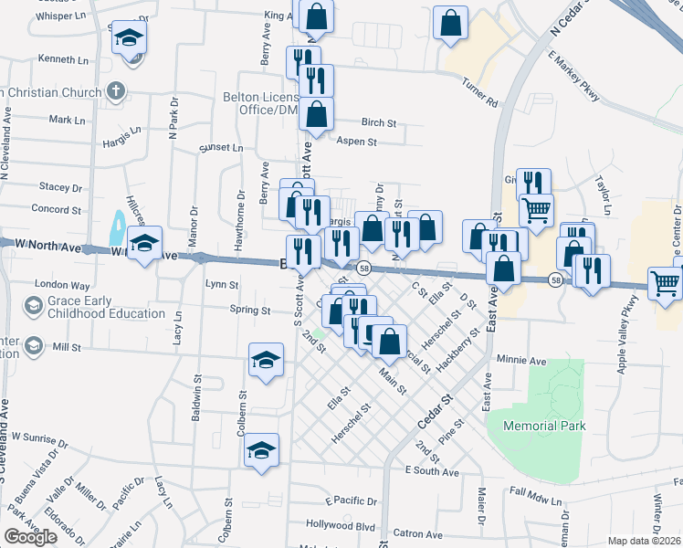 map of restaurants, bars, coffee shops, grocery stores, and more near 139 E North Ave in Belton