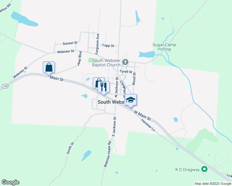 map of restaurants, bars, coffee shops, grocery stores, and more near 51 North Jackson Street in South Webster