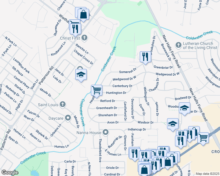 map of restaurants, bars, coffee shops, grocery stores, and more near 2085 Huntington Drive in Florissant