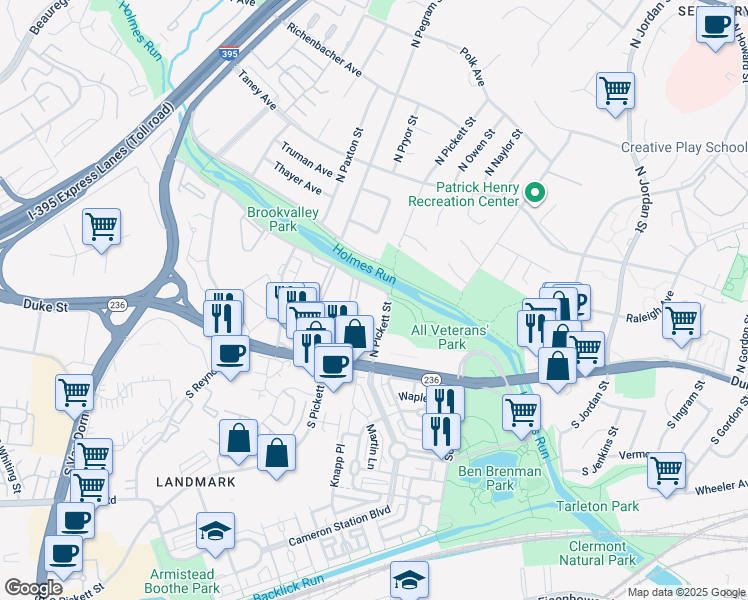 map of restaurants, bars, coffee shops, grocery stores, and more near 200 North Pickett Street in Alexandria