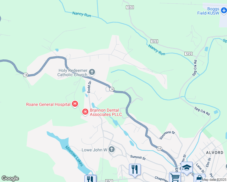 map of restaurants, bars, coffee shops, grocery stores, and more near Parkersburg Road in Spencer