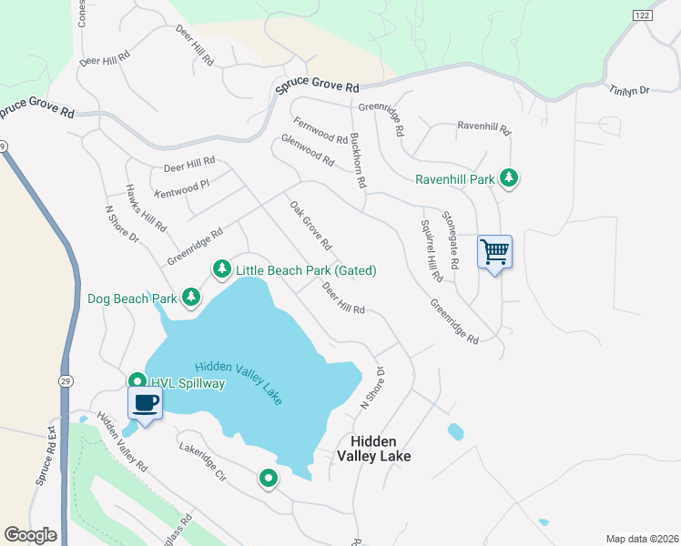 map of restaurants, bars, coffee shops, grocery stores, and more near 18765 Oak Grove Road in Hidden Valley Lake