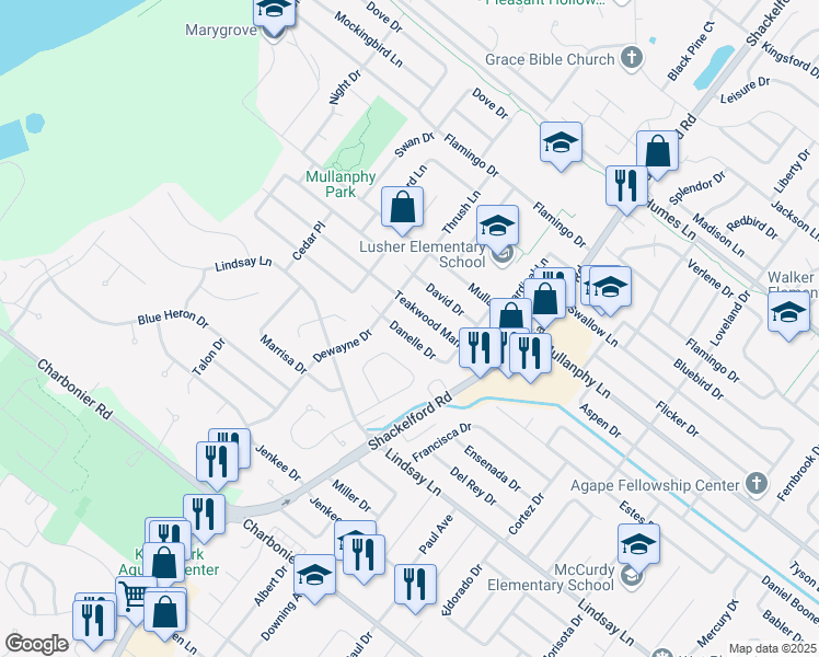 map of restaurants, bars, coffee shops, grocery stores, and more near 2085 Danelle Drive in Florissant