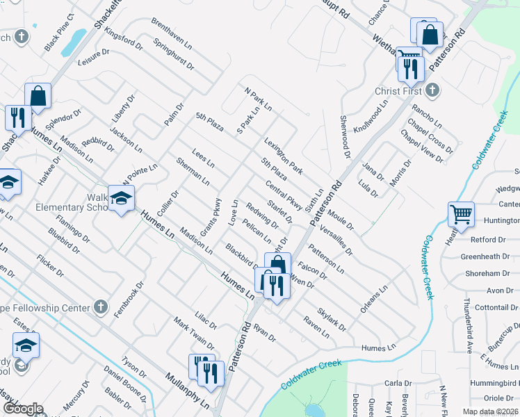 map of restaurants, bars, coffee shops, grocery stores, and more near 740 Redwing Drive in Florissant