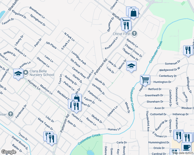 map of restaurants, bars, coffee shops, grocery stores, and more near 585 Moule Drive in Florissant