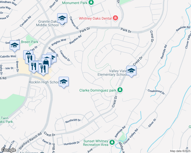 map of restaurants, bars, coffee shops, grocery stores, and more near 4521 Pheasant Lane in Rocklin