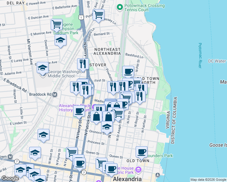 map of restaurants, bars, coffee shops, grocery stores, and more near 900 North Washington Street in Alexandria