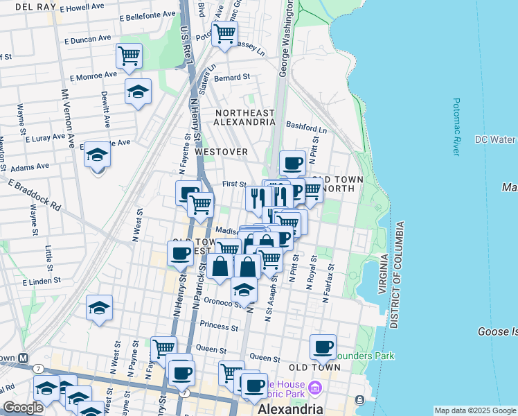 map of restaurants, bars, coffee shops, grocery stores, and more near 900 North Washington Street in Alexandria