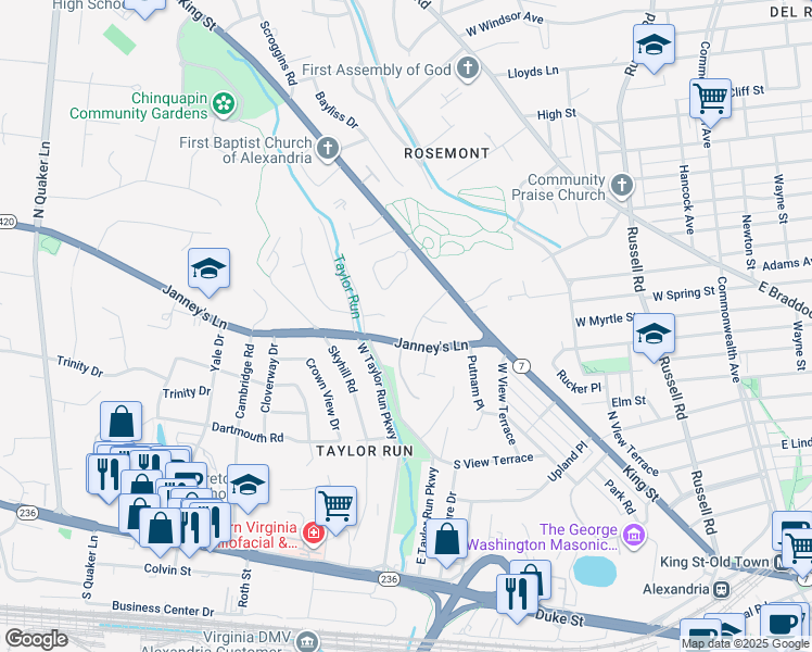 map of restaurants, bars, coffee shops, grocery stores, and more near 604 Melrose Street in Alexandria