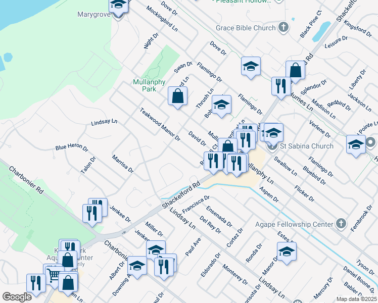 map of restaurants, bars, coffee shops, grocery stores, and more near 2040 Teakwood Manor Drive in Florissant