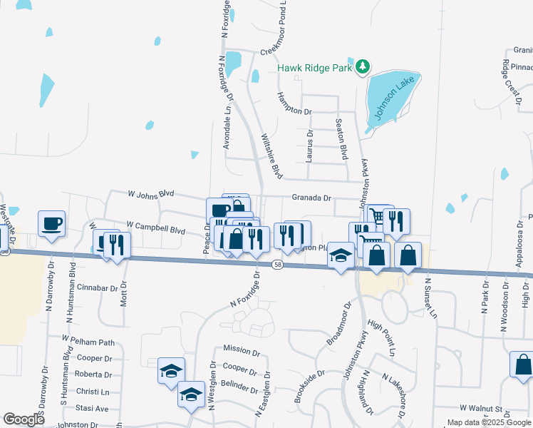map of restaurants, bars, coffee shops, grocery stores, and more near 169 North Foxridge Drive in Raymore