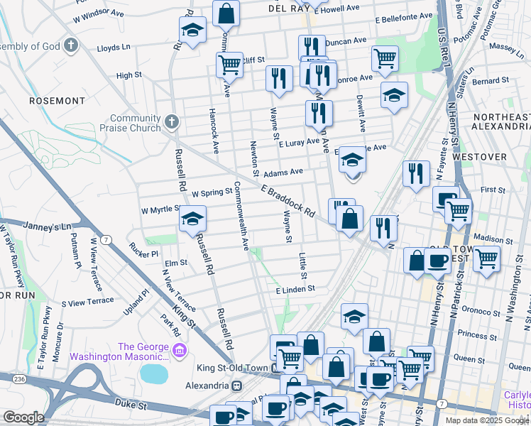 map of restaurants, bars, coffee shops, grocery stores, and more near 18 East Masonic View Avenue in Alexandria