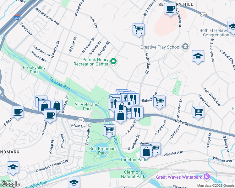 map of restaurants, bars, coffee shops, grocery stores, and more near 4631 Raleigh Avenue in Alexandria