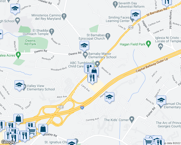 map of restaurants, bars, coffee shops, grocery stores, and more near 5402 Saint Barnabas Road in Oxon Hill