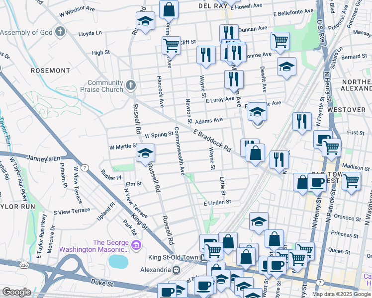 map of restaurants, bars, coffee shops, grocery stores, and more near 8 1/2 East Masonic View Avenue in Alexandria