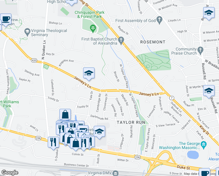 map of restaurants, bars, coffee shops, grocery stores, and more near 851 Janneys Lane in Alexandria