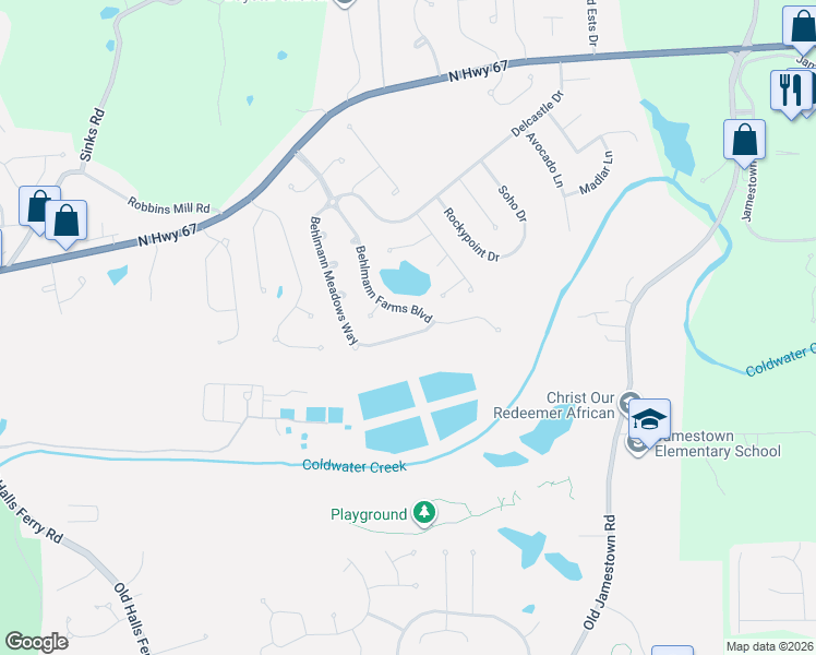 map of restaurants, bars, coffee shops, grocery stores, and more near 361 Behlmann Meadows Way in Florissant