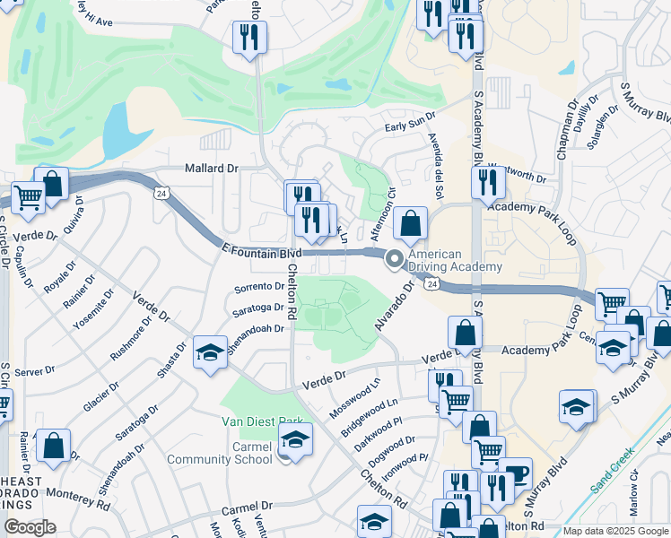 map of restaurants, bars, coffee shops, grocery stores, and more near 3395 East Fountain Boulevard in Colorado Springs