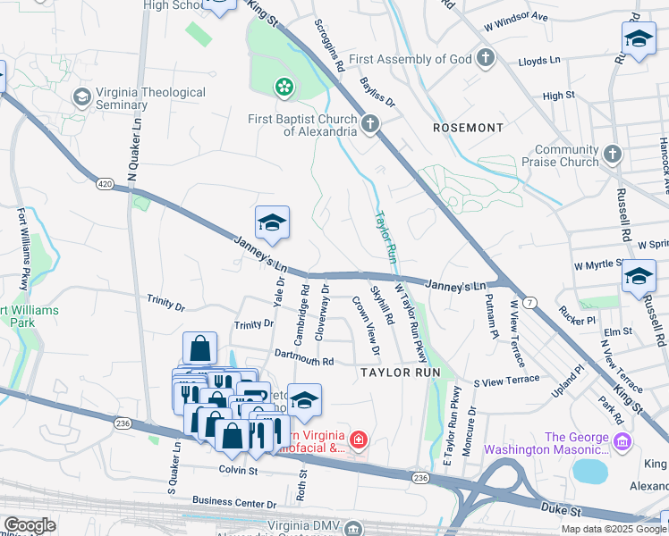 map of restaurants, bars, coffee shops, grocery stores, and more near 851 Janneys Lane in Alexandria