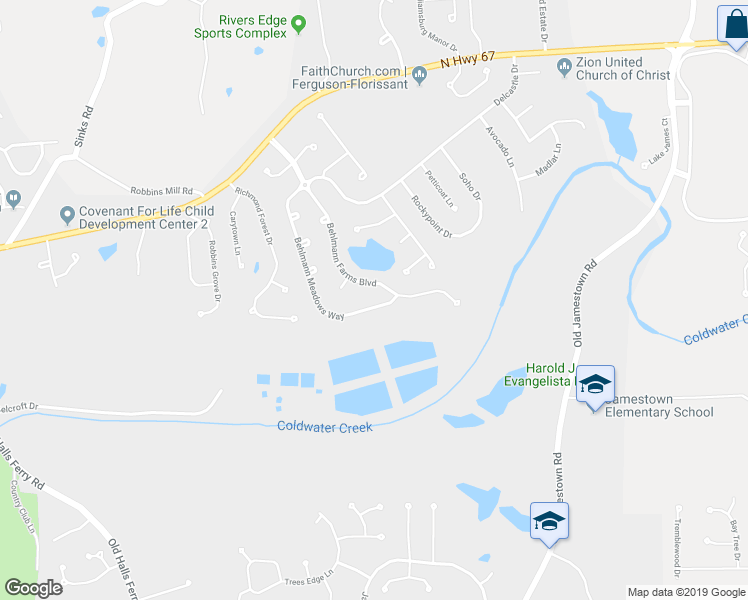 map of restaurants, bars, coffee shops, grocery stores, and more near 361 Behlmann Meadows Way in Florissant