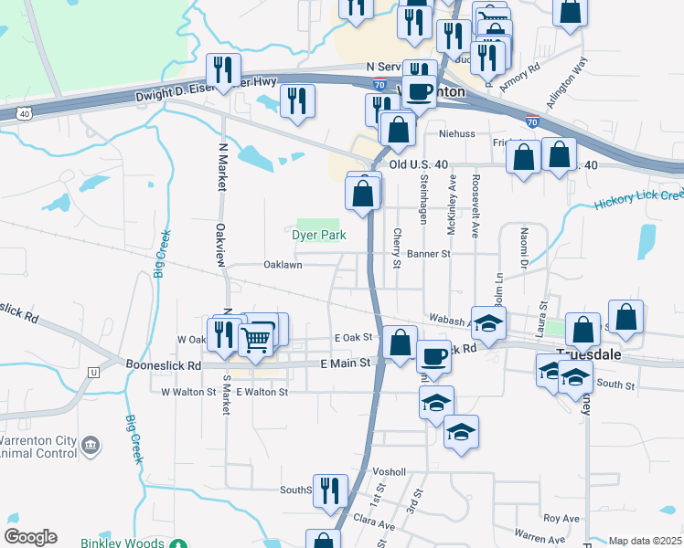 map of restaurants, bars, coffee shops, grocery stores, and more near 508 Ashland Street in Warrenton