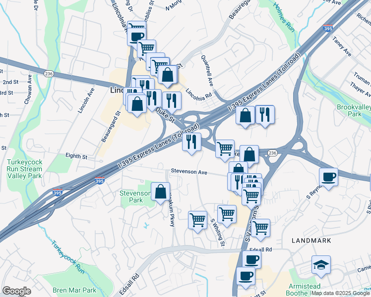 map of restaurants, bars, coffee shops, grocery stores, and more near 6060 Tower Court in Alexandria