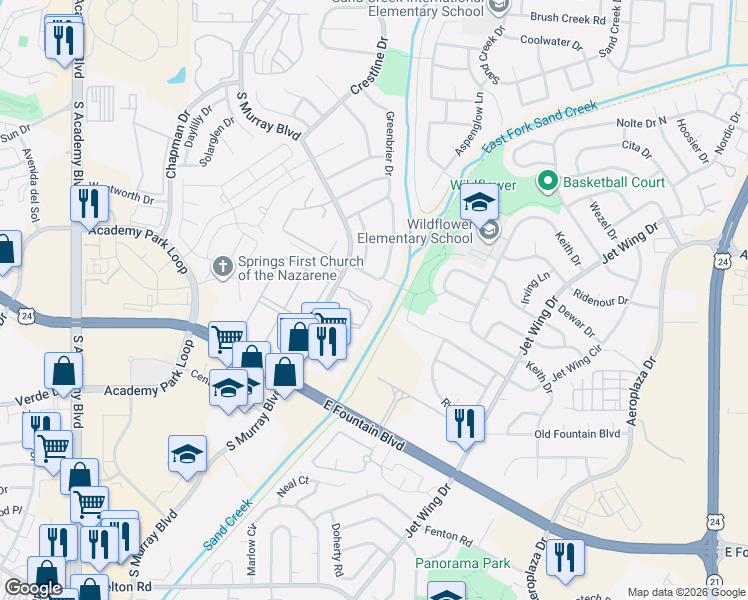 map of restaurants, bars, coffee shops, grocery stores, and more near 1264 Firefly Circle in Colorado Springs
