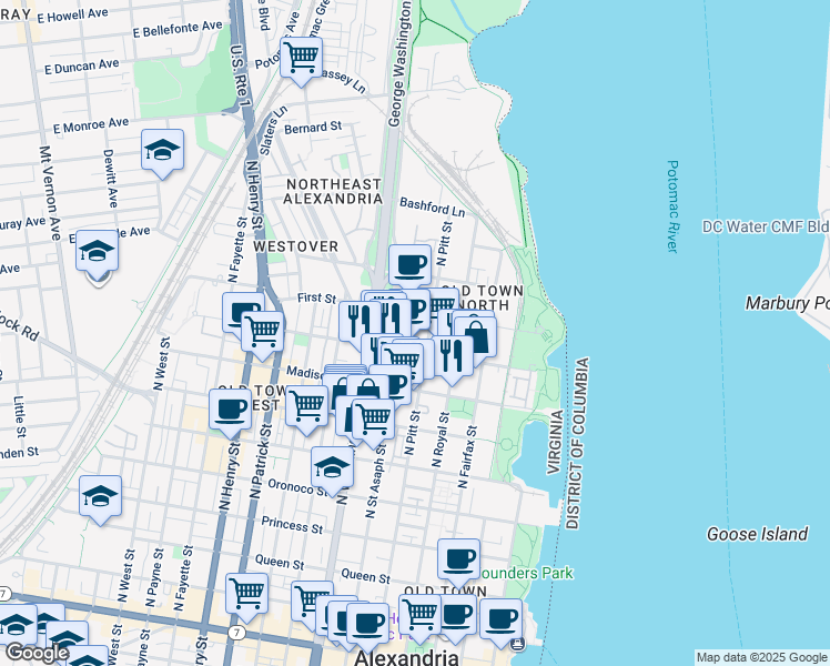 map of restaurants, bars, coffee shops, grocery stores, and more near 525 Montgomery Street in Alexandria