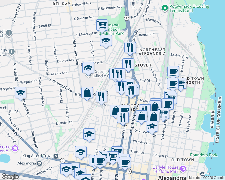 map of restaurants, bars, coffee shops, grocery stores, and more near 1260 Braddock Place in Alexandria