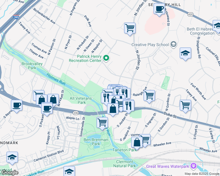 map of restaurants, bars, coffee shops, grocery stores, and more near 4631 Raleigh Avenue in Alexandria
