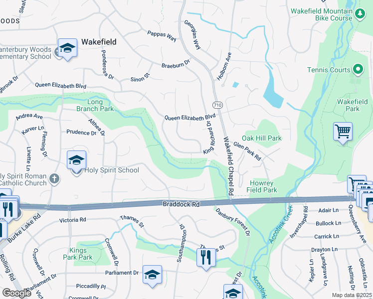 map of restaurants, bars, coffee shops, grocery stores, and more near 5020 King Richard Drive in Annandale