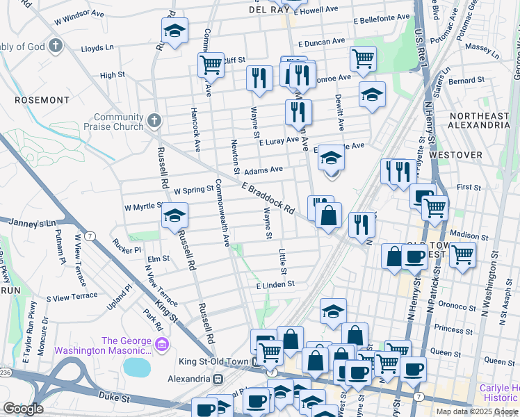map of restaurants, bars, coffee shops, grocery stores, and more near 28 West Masonic View Avenue in Alexandria