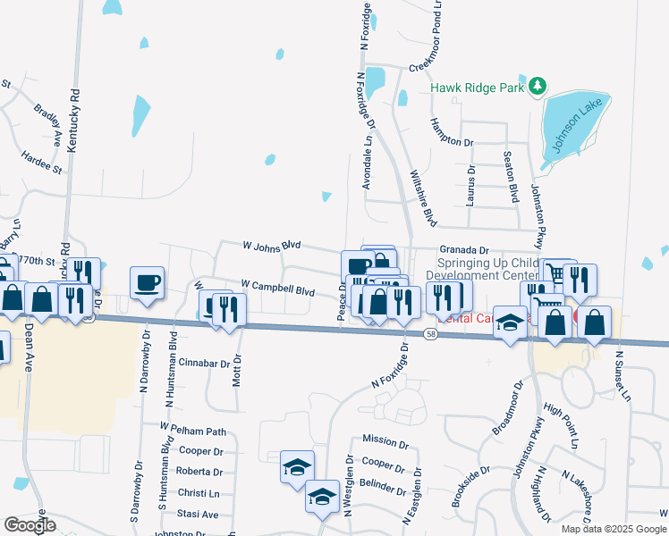 map of restaurants, bars, coffee shops, grocery stores, and more near 1303 West Jenkins Boulevard in Raymore