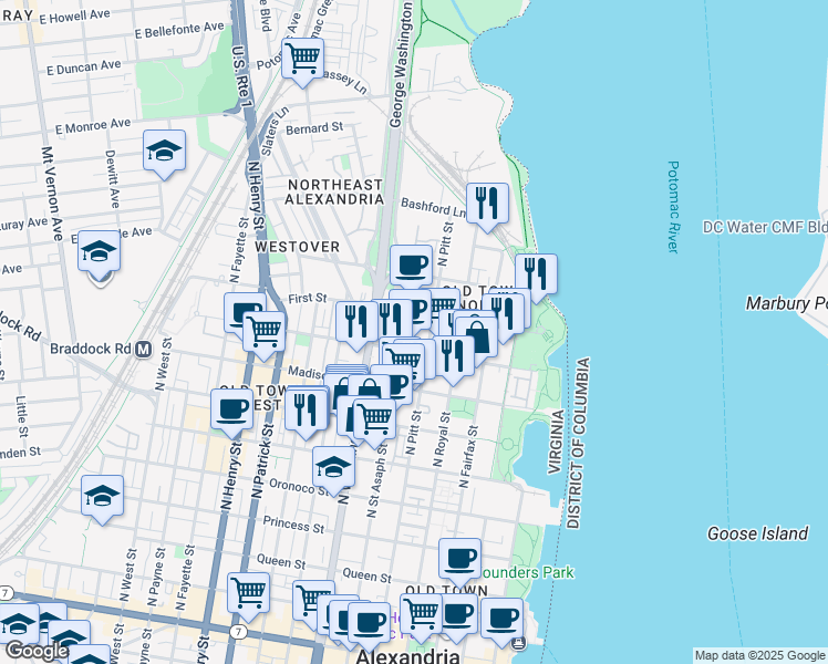 map of restaurants, bars, coffee shops, grocery stores, and more near 525 Montgomery Street in Alexandria