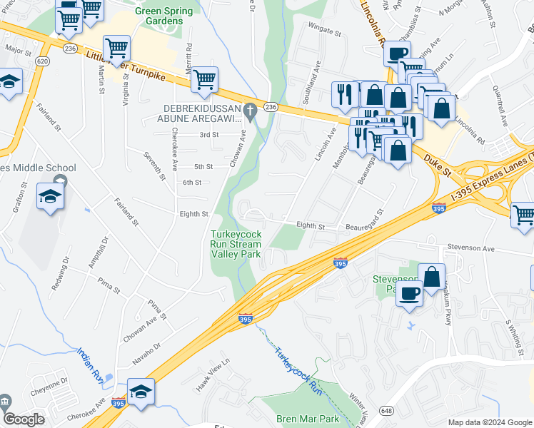 map of restaurants, bars, coffee shops, grocery stores, and more near 6352 8th Street in Alexandria