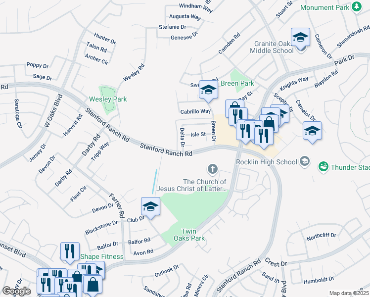 map of restaurants, bars, coffee shops, grocery stores, and more near 2800 Key Court in Rocklin