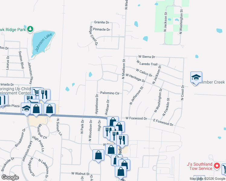map of restaurants, bars, coffee shops, grocery stores, and more near 407 Arabian Drive in Raymore