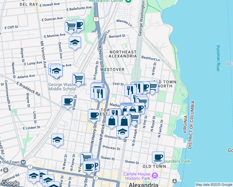 map of restaurants, bars, coffee shops, grocery stores, and more near 908 North Alfred Street in Alexandria