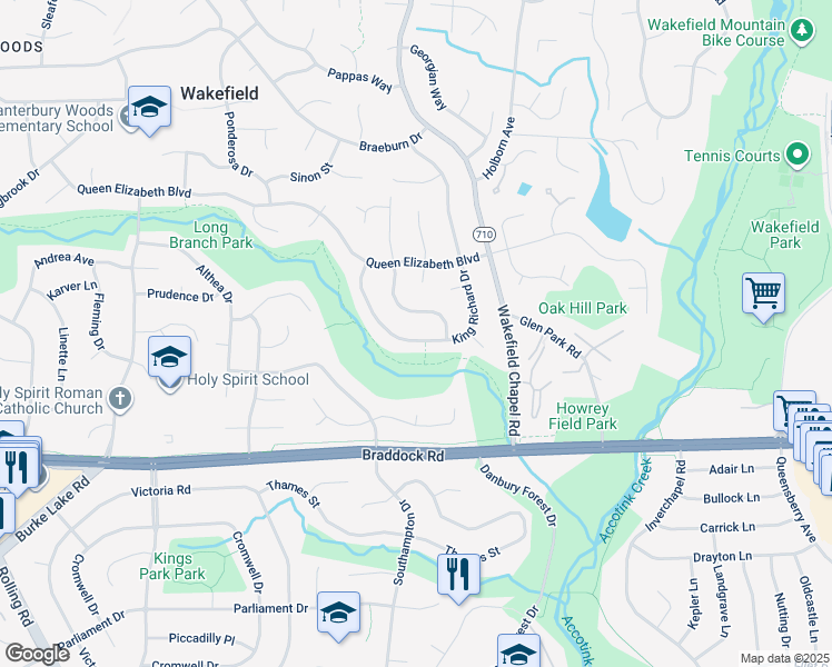 map of restaurants, bars, coffee shops, grocery stores, and more near 5020 King Richard Drive in Annandale
